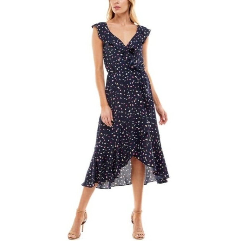 Socialite Navy Blue Confetti Print Wrap Dress Ruffle High Low Size L